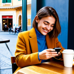 **

A brightly lit, modern Italian cafe. A young woman sits at a table, sipping a cappuccino. She's smiling slightly as she types on her smartphone, but a faint, red warning symbol hovers near the screen, representing phishing danger. She's dressed casually but neatly in a stylish, fully clothed outfit appropriate for a Milanese cafe. Safe for work, appropriate content, fully clothed, professional, perfect anatomy, natural pose, well-formed hands. This is a visual metaphor about vigilance and online security, depicting everyday life in Italy.

**