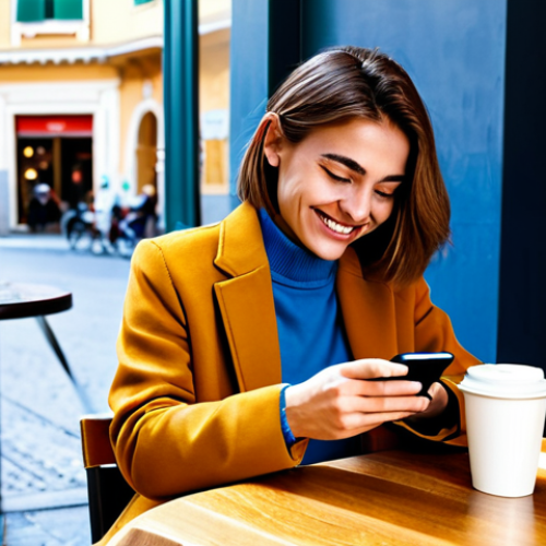 **

A brightly lit, modern Italian cafe. A young woman sits at a table, sipping a cappuccino. She's smiling slightly as she types on her smartphone, but a faint, red warning symbol hovers near the screen, representing phishing danger. She's dressed casually but neatly in a stylish, fully clothed outfit appropriate for a Milanese cafe. Safe for work, appropriate content, fully clothed, professional, perfect anatomy, natural pose, well-formed hands. This is a visual metaphor about vigilance and online security, depicting everyday life in Italy.

**