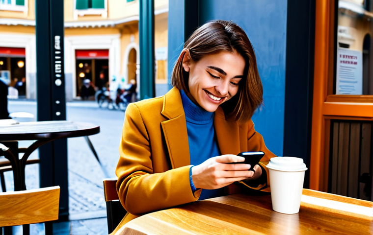 **

A brightly lit, modern Italian cafe. A young woman sits at a table, sipping a cappuccino. She's smiling slightly as she types on her smartphone, but a faint, red warning symbol hovers near the screen, representing phishing danger. She's dressed casually but neatly in a stylish, fully clothed outfit appropriate for a Milanese cafe. Safe for work, appropriate content, fully clothed, professional, perfect anatomy, natural pose, well-formed hands. This is a visual metaphor about vigilance and online security, depicting everyday life in Italy.

**