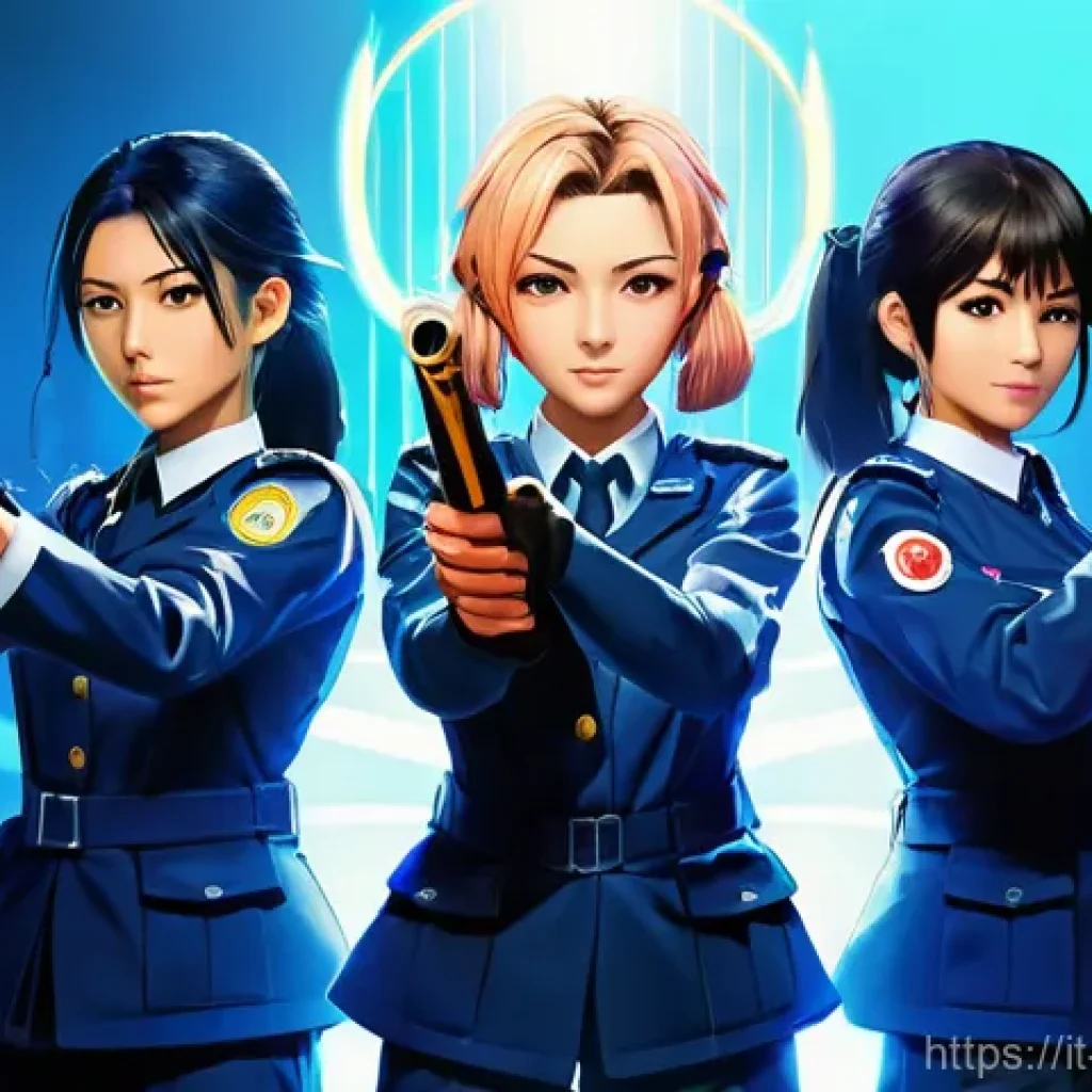 블루아카이브 던전 클리어 팁 - A vibrant, dynamic anime illustration featuring three distinctive female characters in tactical scho...