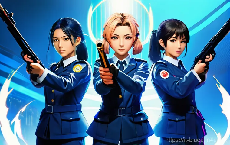 블루아카이브 던전 클리어 팁 - A vibrant, dynamic anime illustration featuring three distinctive female characters in tactical scho...