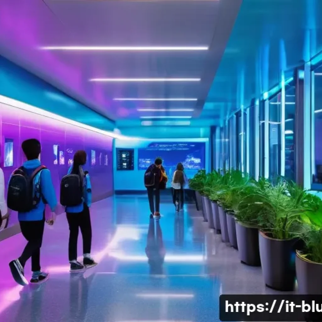 블루아카이브 스토리 요약 - A futuristic school hallway bathed in neon blue and purple lights, filled with high-tech digital dis...