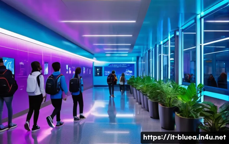 블루아카이브 스토리 요약 - A futuristic school hallway bathed in neon blue and purple lights, filled with high-tech digital dis...