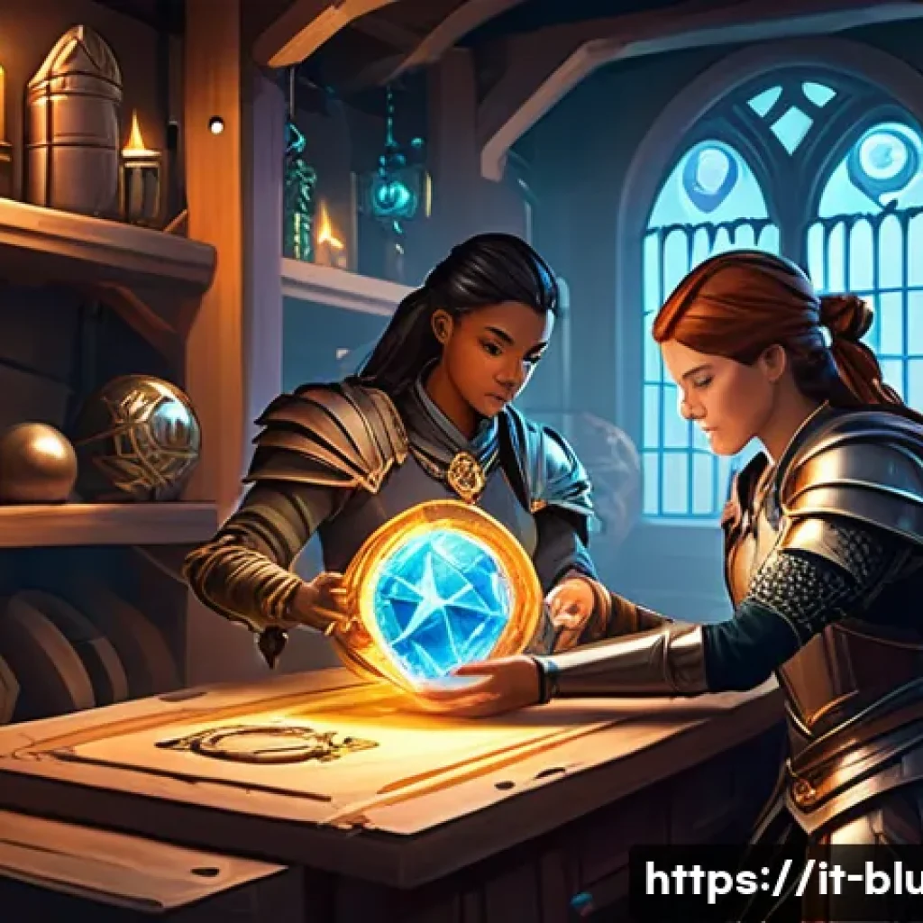 블루아카이브 강화 시스템 설명 - A detailed digital illustration of a diverse team of fantasy RPG characters strategically upgrading ...