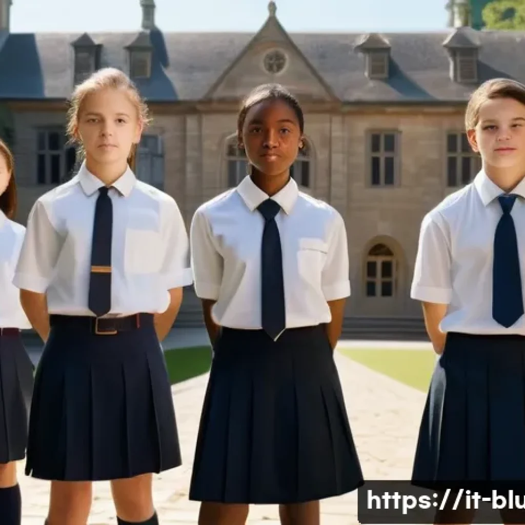 블루아카이브 학원별 주요 학생 - A traditional and disciplined academy setting featuring students dressed in neat, modest school unif...