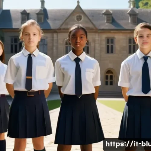 블루아카이브 학원별 주요 학생 - A traditional and disciplined academy setting featuring students dressed in neat, modest school unif...