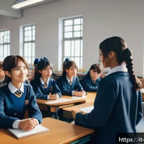 블루아카이브 개발사 인터뷰 - A vibrant anime-style classroom scene featuring diverse high school students with unique personaliti...