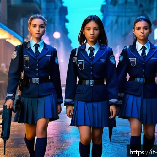 블루아카이브 세계관 해석 - A detailed scene featuring a group of young female characters from different schools in Blue Archive...