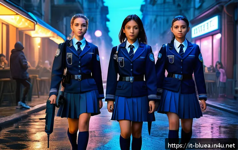 블루아카이브 세계관 해석 - A detailed scene featuring a group of young female characters from different schools in Blue Archive...