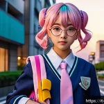 Home 19 블루아카이브 커스터마이징 옵션 - A vibrant anime-style schoolgirl character standing confidently in a modern Tokyo cityscape at sunse...