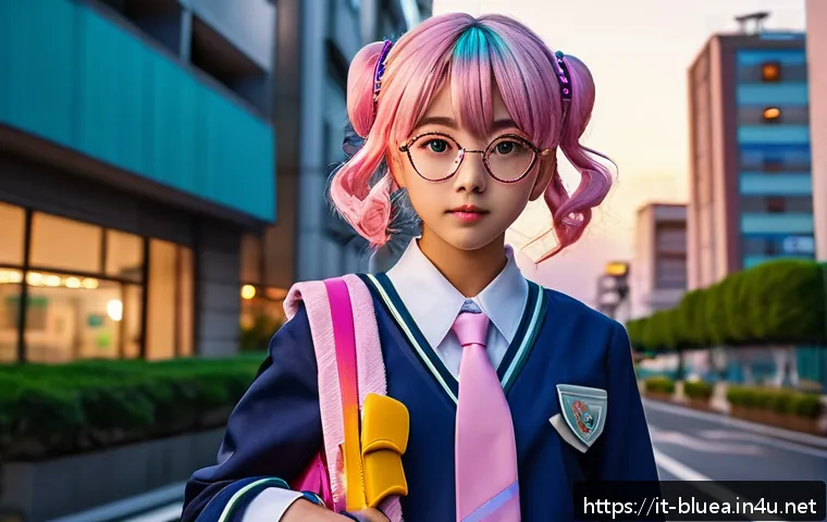 블루아카이브 커스터마이징 옵션 - A vibrant anime-style schoolgirl character standing confidently in a modern Tokyo cityscape at sunse...