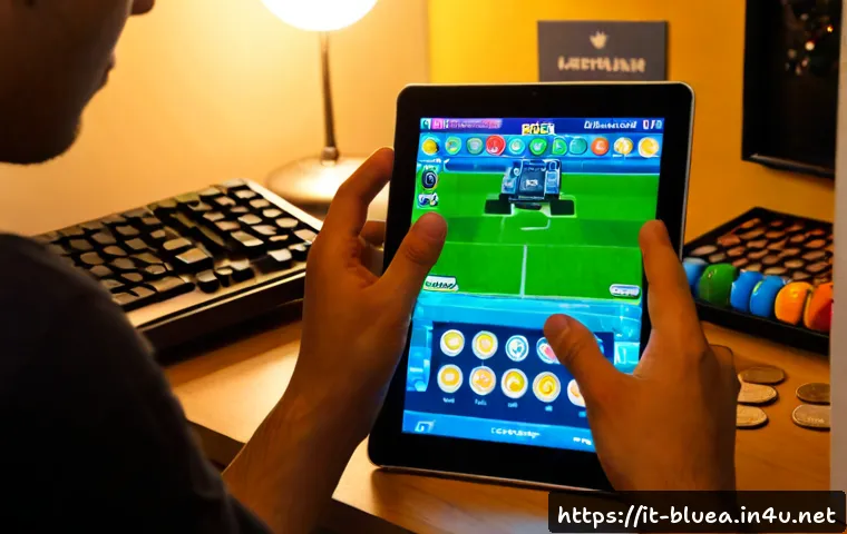 블루아카이브 캐릭터 성장 전략 - Photorealistic Italian gaming desk scene, a young adult player in casual clothes carefully arranging...